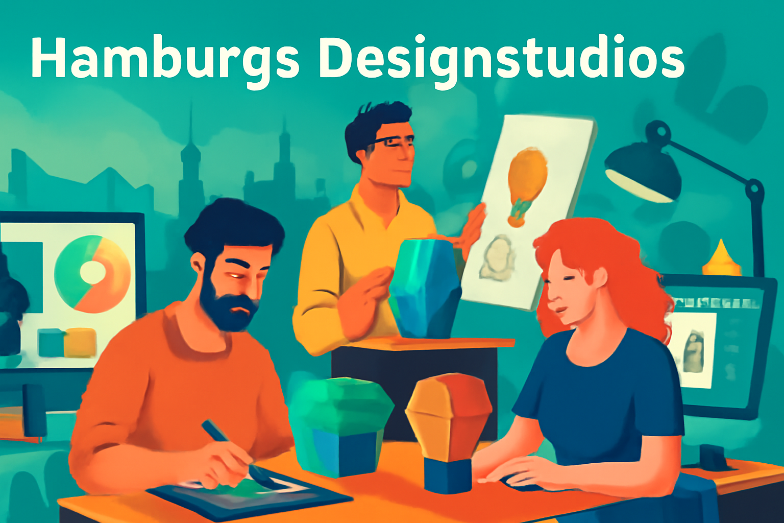 Die bildliche Darstellung von 3 Menschen bei einem Kunst-Workshop - Erstellt mit AI Prompt.