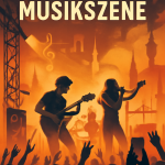 Die bildliche Darstellung einer Band auf einer Bühne mit einem Gitarristen und einem Sänger - Erstellt mit AI Prompt.