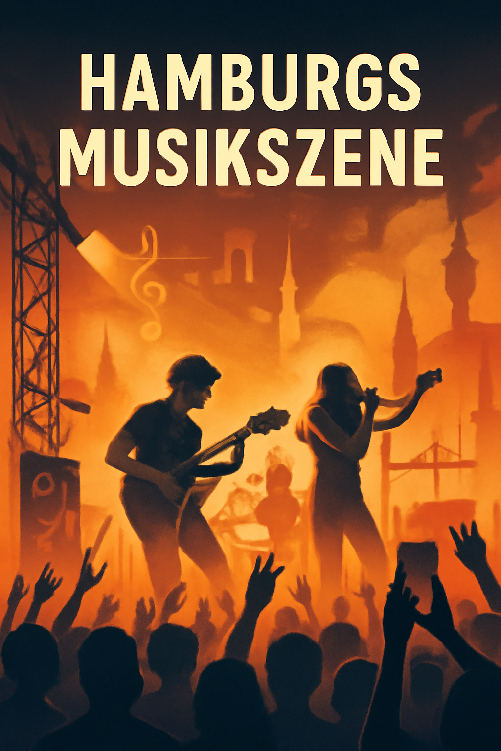Die bildliche Darstellung einer Band auf einer Bühne mit einem Gitarristen und einem Sänger - Erstellt mit AI Prompt.