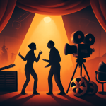 Eine bildliche Darstellung eines Theaterstücks mit zwei Figuren auf einer Bühne, daneben eine Filmkamera - Erstellt mit AI Prompt.