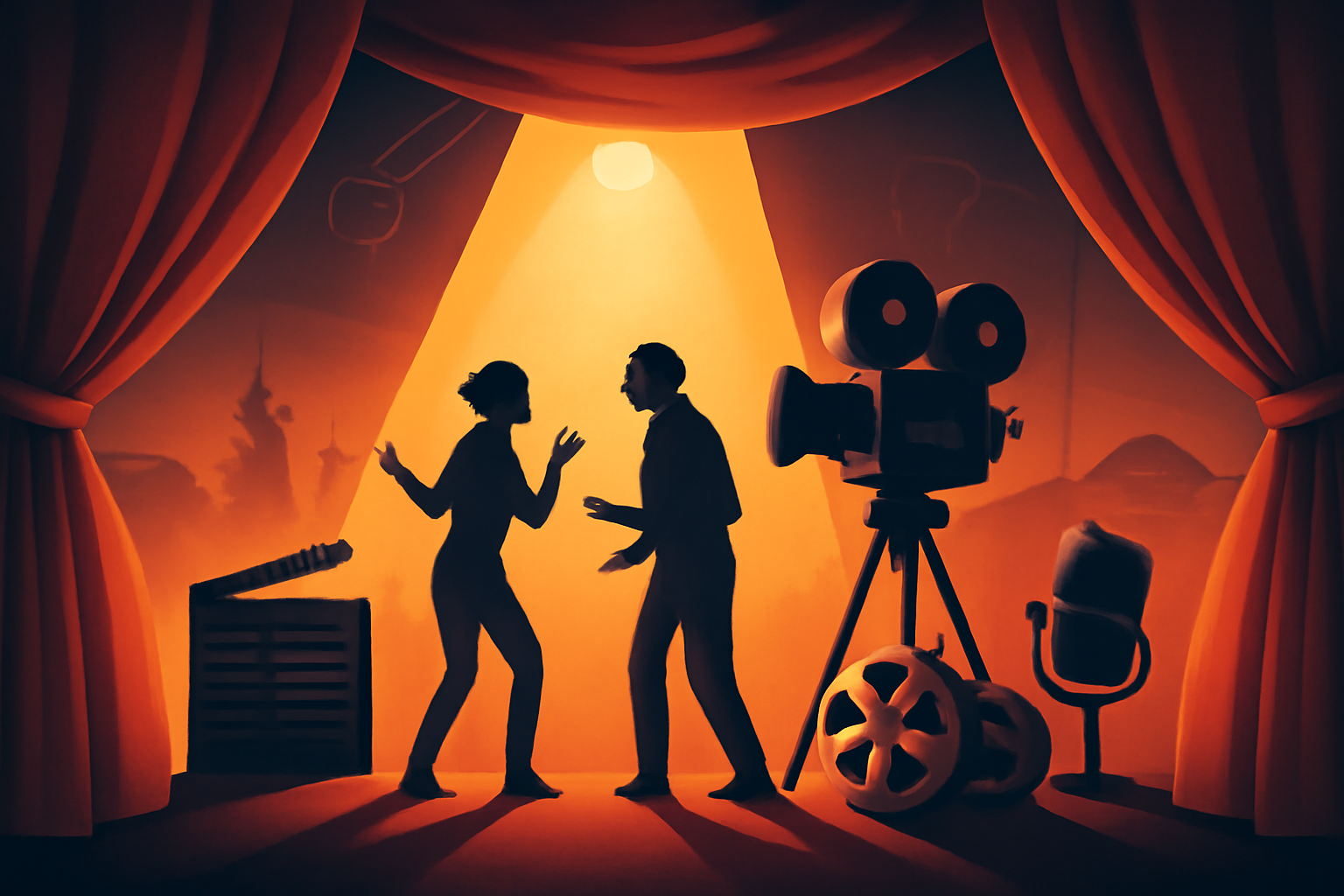 Eine bildliche Darstellung eines Theaterstücks mit zwei Figuren auf einer Bühne, daneben eine Filmkamera - Erstellt mit AI Prompt.