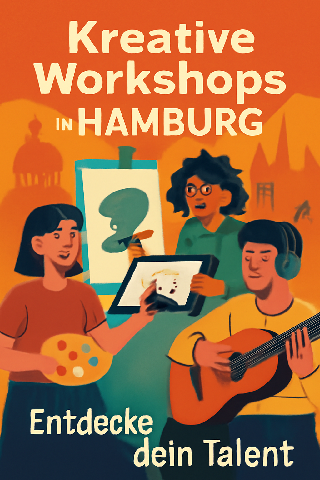 Die Animation von 3 Menschen mit Malutensilien und einer Gitarre in der Hand - Erstellt mit AI Prompt.